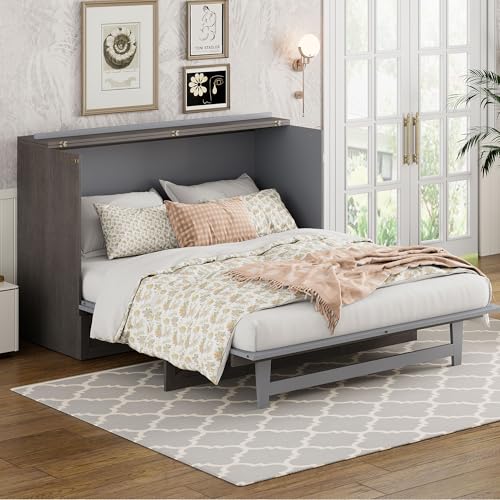 Harper & Bright Designs Full Size Murphy Bed Wall Bed, Solid Pine Murphy Bed Chest Cube Cabinet Bed with USB