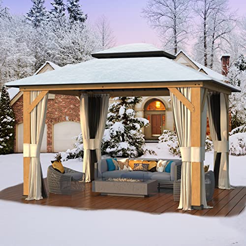 EROMMY 12'x20' Hardtop Gazebo Double Roof Galvanized Steel Canopy Outdoor Aluminum Frame Permanent Metal Pavilion with Netting and Curtains for Patio