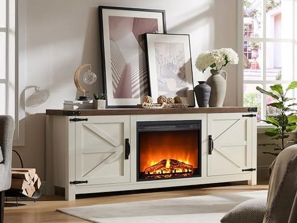 TJBOLIFE Farmhouse Fireplace TV Stand - for 70 75 Inch TV  Rustic Entertainment Center w/ 23" Electric Fire Place  Adjustable Shelves