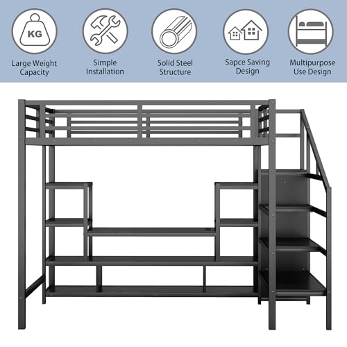 Queen Loft Bed with L-Shaped Desk and Stairs,Metal Queen Size LoftBed with Wardrobe and Adjustable Shelf, Gaming Bed with LED and USB