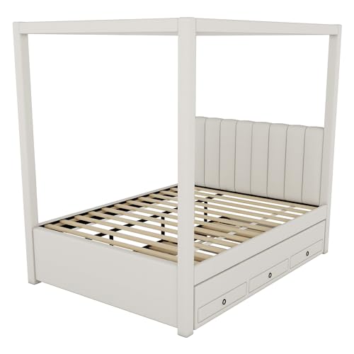 Twin Size 4 Poster Bed Canopy Bed with Upholstery Headboard, Built-in Trundle and 3 Drawers, for Kids Teens Adults, Beige