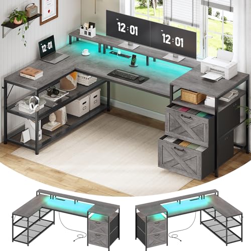 SEDETA 67" L Shaped Desk with Drawers, Computer Office Desk with Storage Shelves & Power Outlet