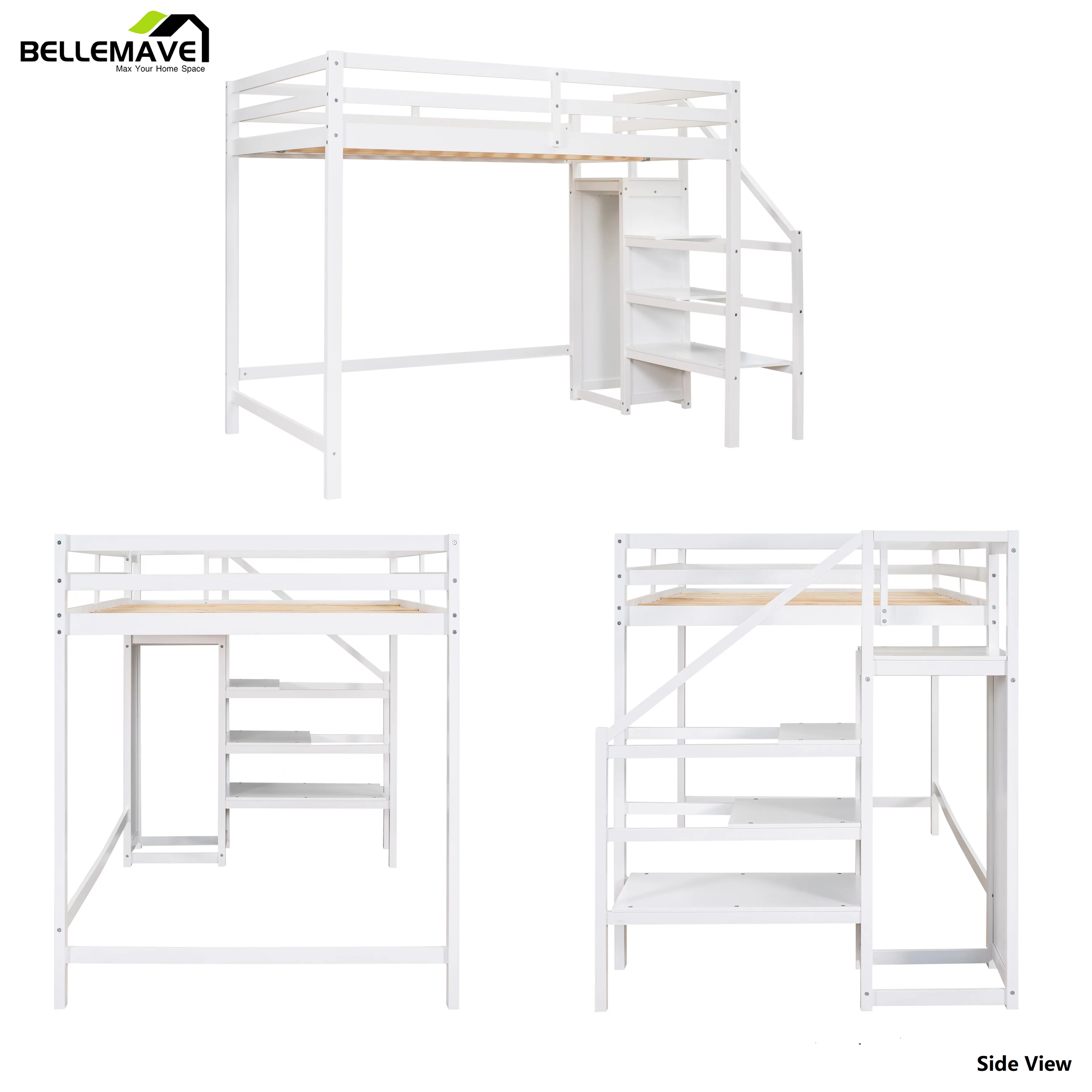 Bellemave Full Size Loft Bed with Storage Staircase Wooden Full Loft Bed Frame with Built-in Storage Wardrobe and Guardrails for Kids, Teens