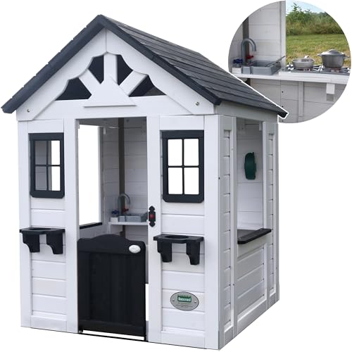 Backyard Discovery Sweetwater Cedar Wooden Kids Playhouse Cottage with Play Kitchen, Snack Bar, Half Door, Toy Phone, Windows, Flowerpot Holders
