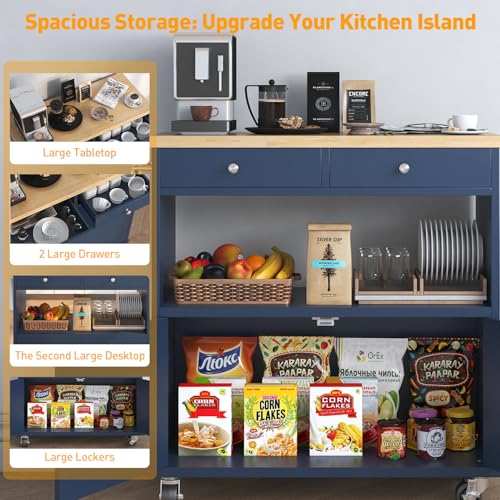 Rolling Kitchen Island with Storage Cabinet, 35.4'' Width Kitchen Cart, 2 Drawers Island Table, Portable Mobile Kitchen Island with Towel Rack
