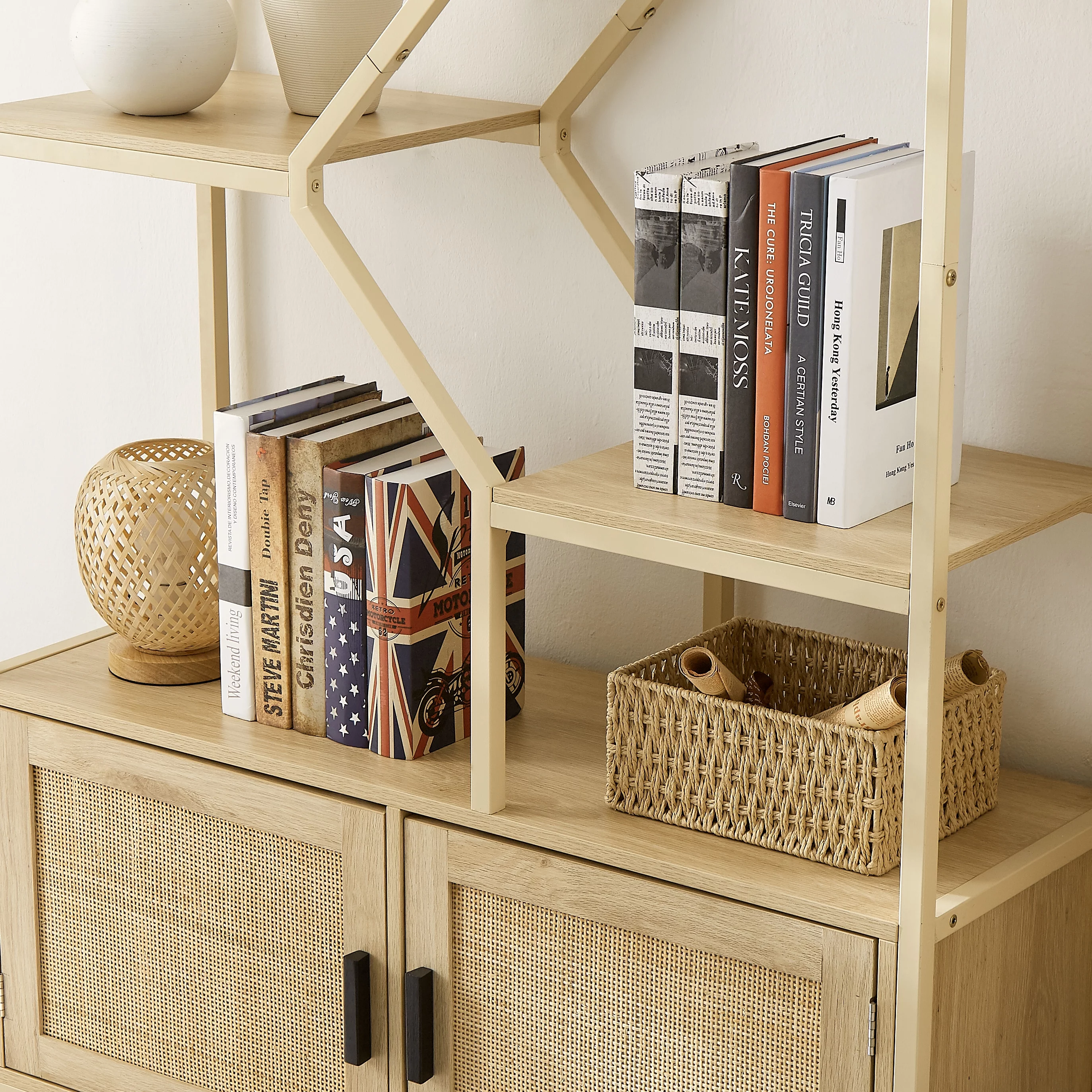 Royard Oaktree 7 Tiers Bookcases Wood Open Bookshelf with Cabinet and Rattan Door Large Display Storage Shelf for Living Room Bedroom Home Office