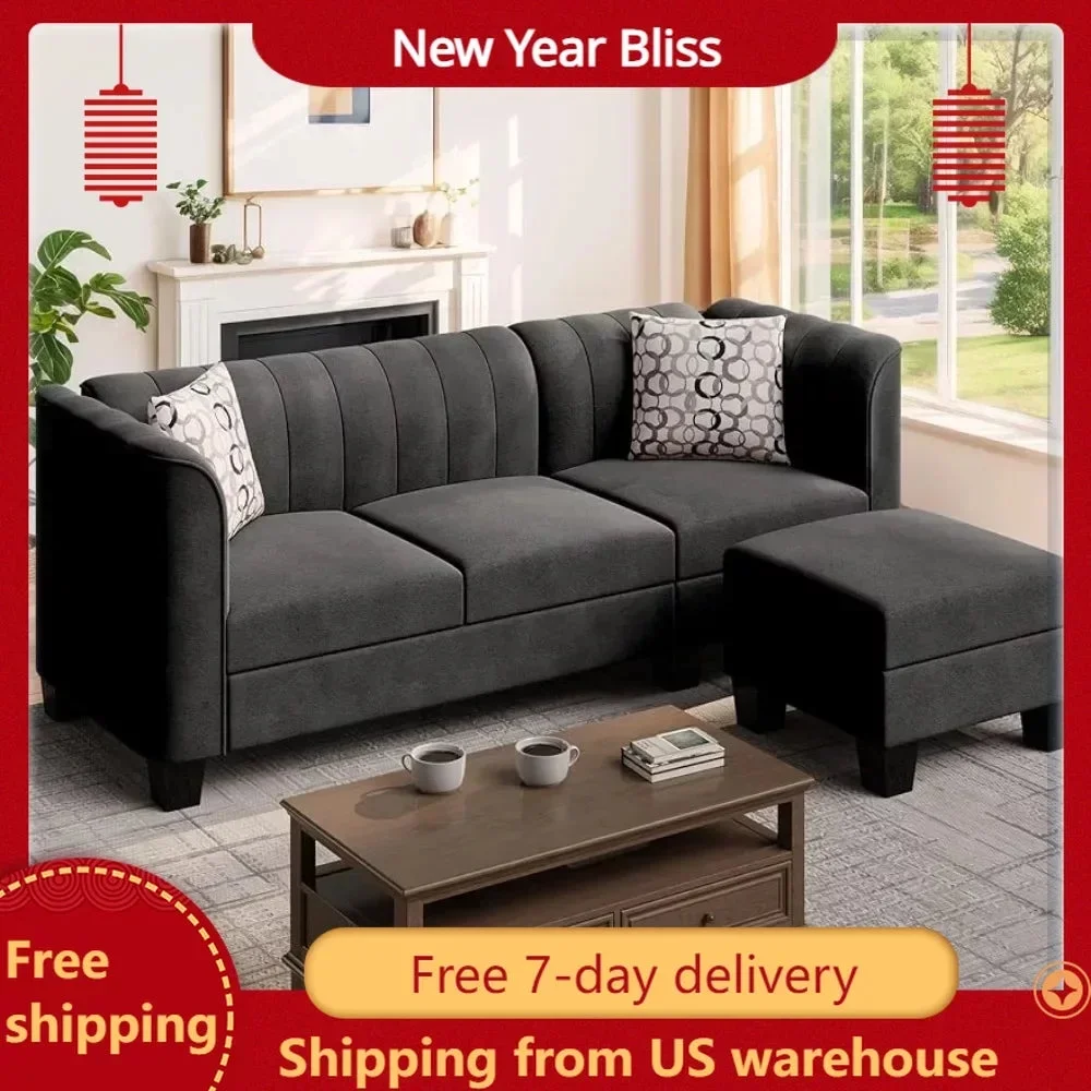 Living room sofa L-shaped convertible modular sofa bed with high armrestsLinen fabric home furniture, black