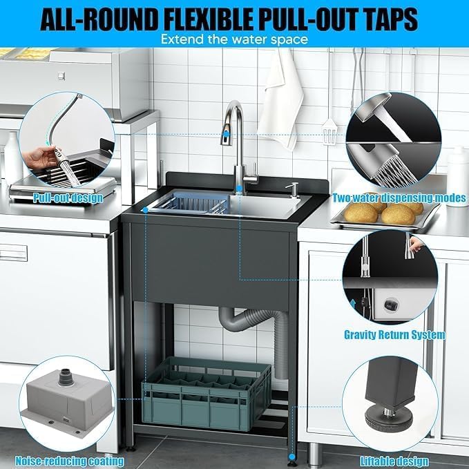 Stainless Steel Utility Sink, 30.8" × 22" × 39.5"Freestanding Sink with Cold and Hot Water Faucet,Hoses and Drain Kit for Kitchens, Bathrooms, Garage