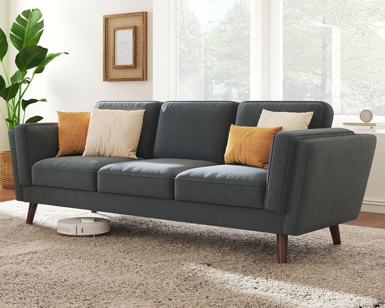 Papajet Sofa, 87inch Modern Sofa with Embedded Arm Pillow- Dark Grey Deep Seat Couch for Livingroom