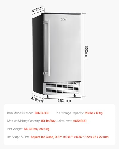 VEVOR Under Counter Ice Maker Machine, Crescent Ice, 25 Lbs/Day Stainless Steel Built in Ice Maker with Reversible Door