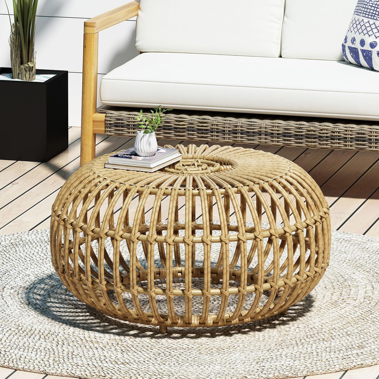 Round Rattan Coffee Table, Boho Wicker Rattan Coffee Table, All-Weather and Rust Resistant for Living Room Patio, Poolside, Garden