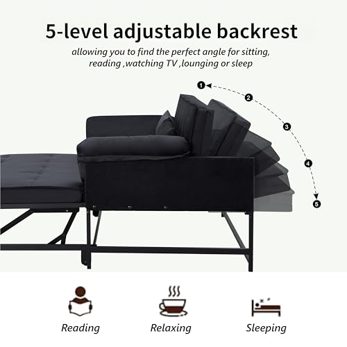 3 in 1 Sleeper Sofa Bed, Futon Sofa Bed for Living Room with Side Pocket, Black Sleepers Sofa Couch with Pullout Bed