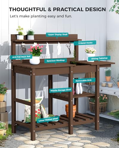 SERWALL Potting Bench Outdoor Potting Table with Sink, HDPE Potting Benches for Outside Gardening Table All Weather Use- Black