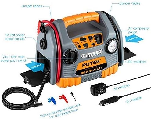POTEK Jump Starter 900 Peak Amps Power Station with 150 PSI Air compressor with 2.4A USB Port