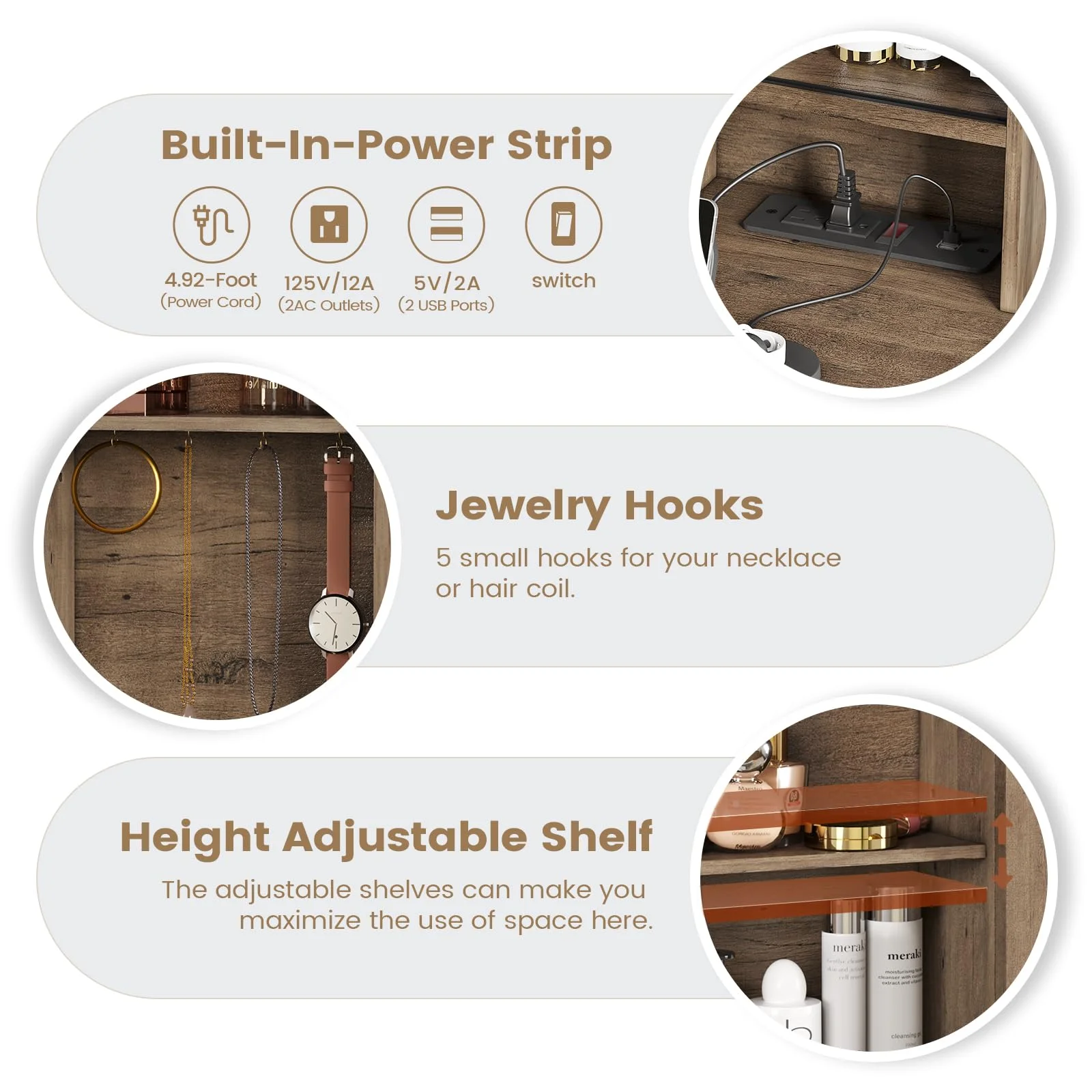 Vanity Table with Charging Station and Lights Mirror, Farmhouse Makeup Desk with Barn Doors, Brown