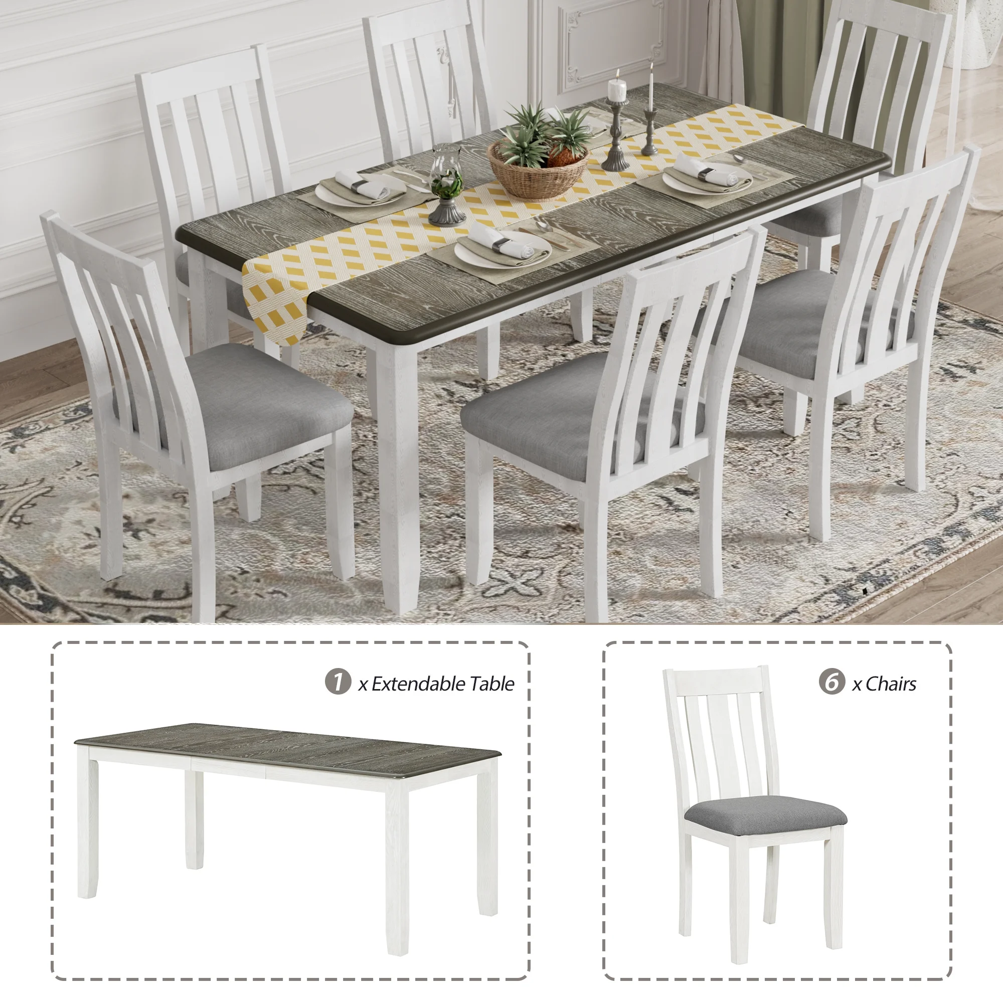 Churanty Dining Table Set for 6 Farmhouse Extendable Rectangular Table and 6 Upholstered Chairs,Antique Brown+White - Curated Treasures Market