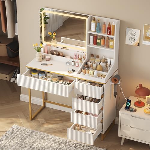 Vabches Makeup Vanity with Mirror and Lights, White and Gold Vanity Desk with 5 Drawers and Charging Station, Vanity Table for Bedroom
