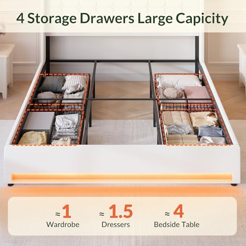 Queen Size LED Bed Frame with 4 Storage Drawers and Tufted Headboard Velvet Upholstered Platform Bed Frame Wingback Beds with Heavy Duty Wood Slats