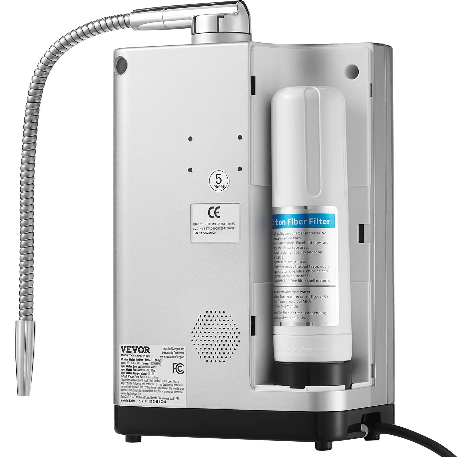 VEVOR Alkaline Water Ionizer Machine, pH 3.5-10.5, 7 Water Settings, -550mV ORP, 8000L Per Filter, Auto-Cleaning