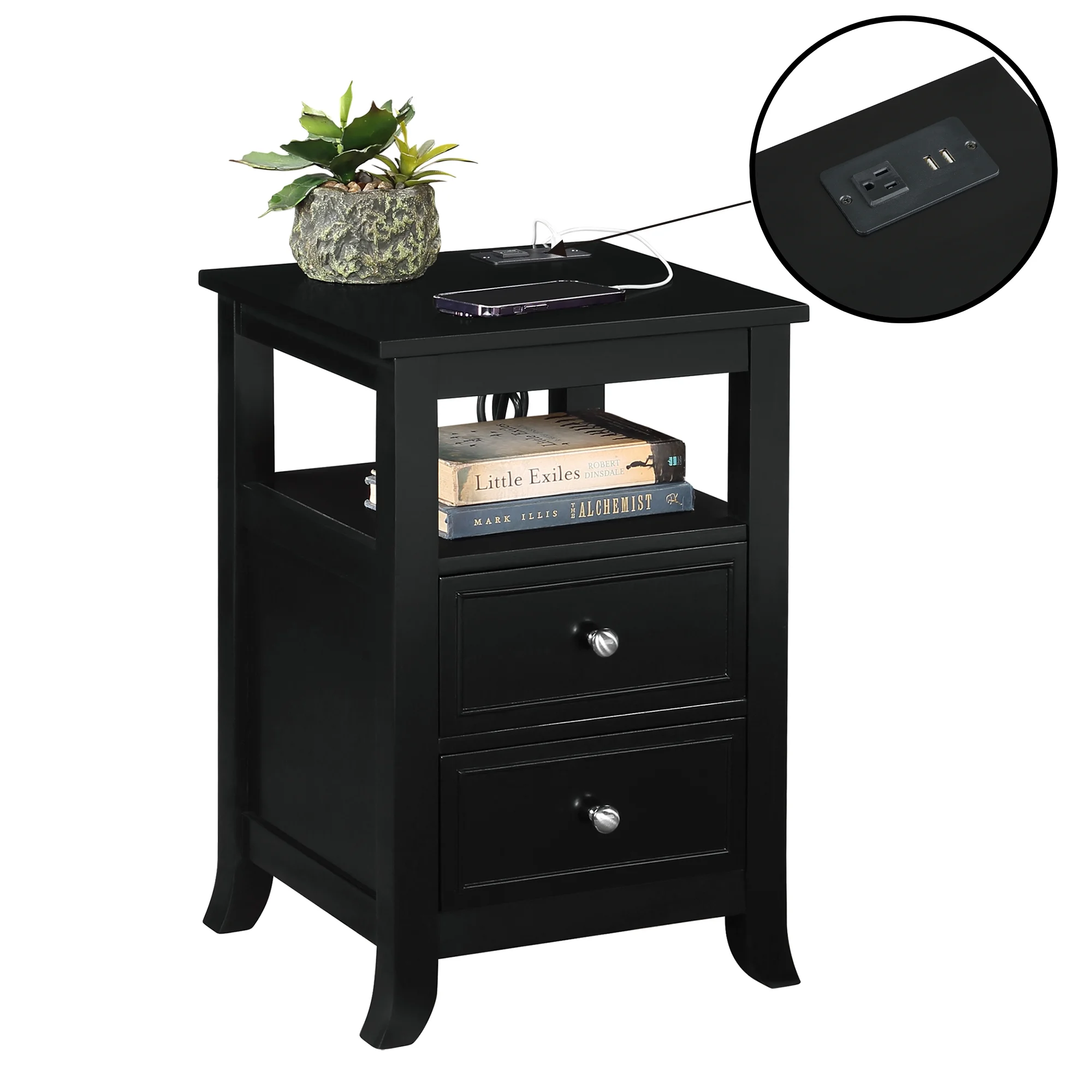 Melbourne Two-Drawer End Table with Charging Station and Shelf in Black Wood