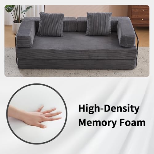 Convertible Sleeper Sofa Bed with Cylindrical Pillow, Corduroy Folding Mattress Couch with Fixed-Shape Frame