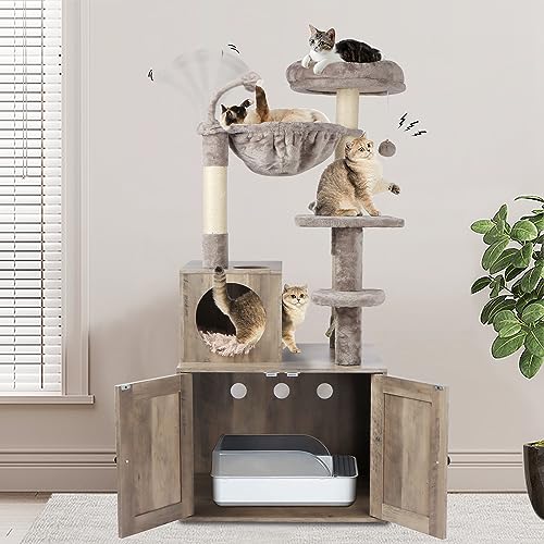Cat Tree with Litter Box Enclosure, 2-in-1 Cat Tower for Indoor Cats, Large Wood Cat Condo with Basket, Scratching Posts, Pompoms, Rustic Brown
