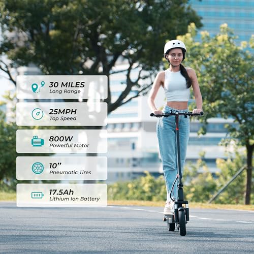 Electric Scooter for Adults, 800 Powerful Motor, 10 Inch Tires, 25/28 MPH Top Speed, 30/32 Miles Long Range, Dual Disc Brakes & Shock Absorber