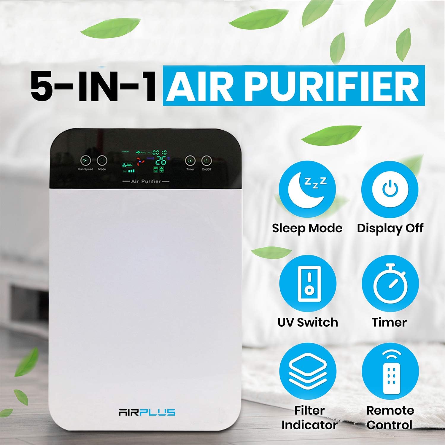 Bluonics Air Plus Room 5-in-1 Air Purifier, True HEPA Filter with UV Light Sanitizer, Filters Pollen, Wildfire Smoke, Dust, Odors Mold, and