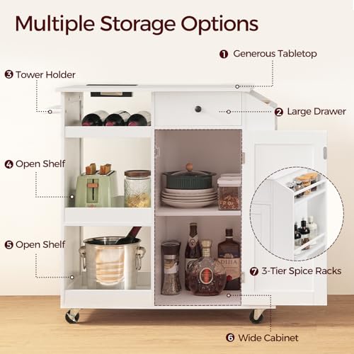 Kitchen Island with Power Outlet, Kitchen Storage Island with Drawer, Rolling Kitchen Cart on Wheels, Spice Rack, Towel Rack, Wine Rack
