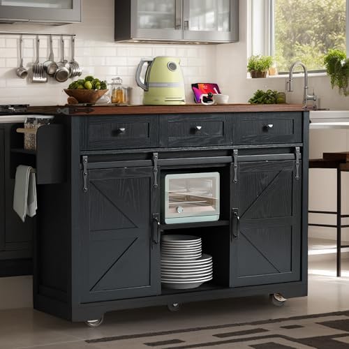 53.7" Farmhouse Kitchen Island with Drop Leaf,2 Drawers,Kitchen Storage Island with Power Outlet,Spice Rack