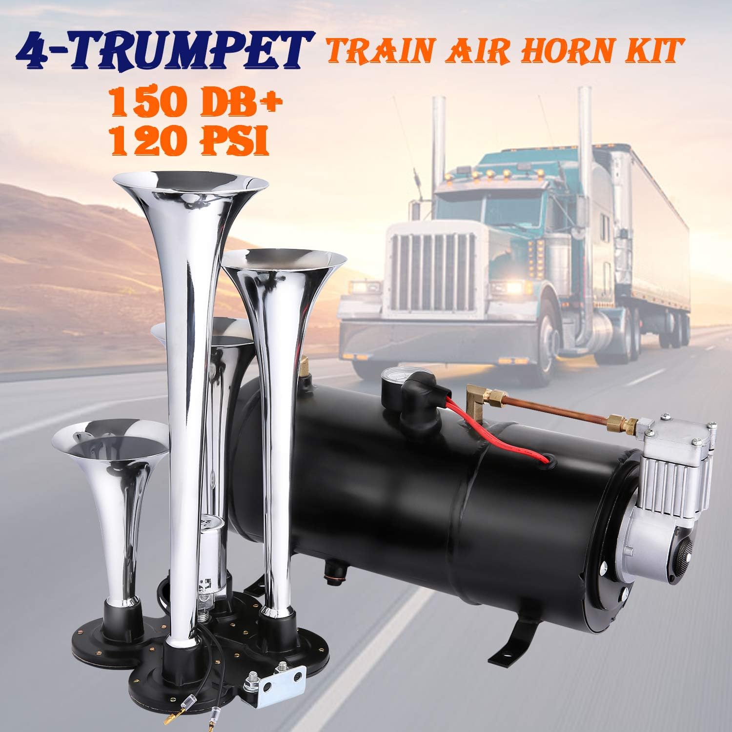 Hurbo 150DB Super Loud Train Horns kit for Trucks, 4 Air Horn Trumpet for Car Truck Train Van Boat, with 120 PSI 12V Compressor and Gauge (Black)