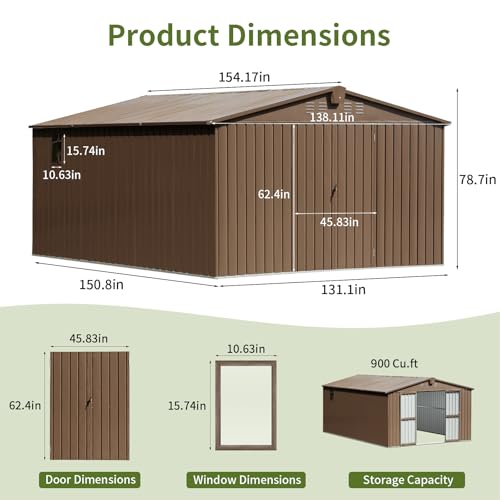 11×12.5 FT Large Outdoor Storage Shed. Backyard Storage Shed with Windows, Lockable Doors, Air Vent, Garden Tool Shed, Steel Tool House for Backyard