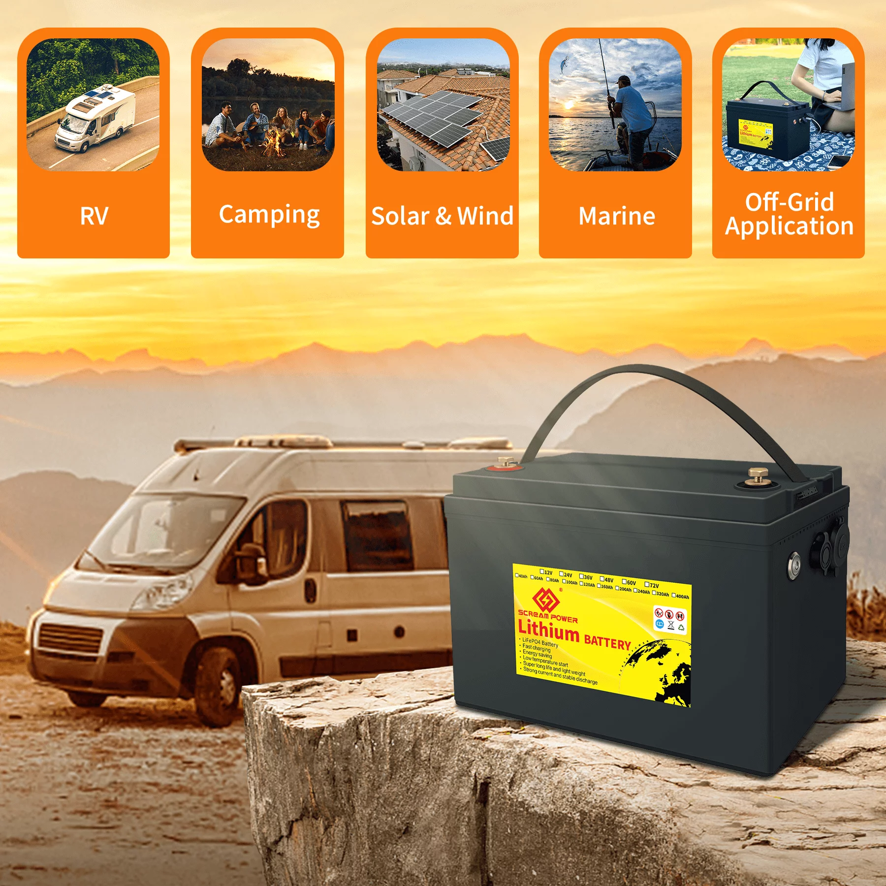 SCREAMPOWER 24V 60Ah LiFePO4 Battery, Rechargeable Deep Cycles Lithium Batteries with 100A BMS, Perfect for RV, Solar, Marine