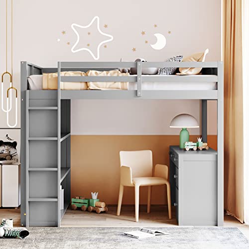 Harper & Bright Designs Full Size Loft Bed with Wardrobe and Desk, Solid Wood Loft Bed Frame with Storage, for Kids Teens Adults (Full Size, White)