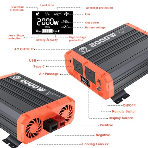 TOPBULL Power Inverter Pure Sine Wave 12V DC to 110V/120V AC Off-Grid Solar Power Inverter with USB, Type-C Port