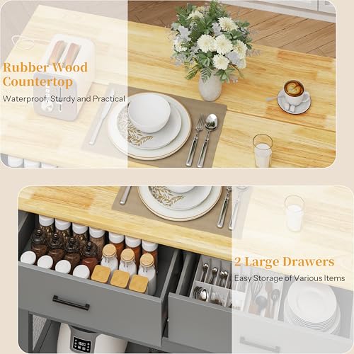 47.3" Solid Rubberwood Kitchen Island with Power Outlets - Extra Large Work Surface, 2 Drawers & Open Shelves Storage Cabinet for Kitchen Dining Room