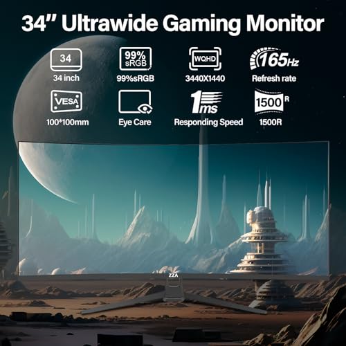 ZZA 32-Inch QHD Curved Gaming Monitor - 2K Resolution, 165Hz Refresh Rate, 1ms Response Time, FreeSync & G-Sync, HDR10, 122% sRGB Coverage, DP/HDMI