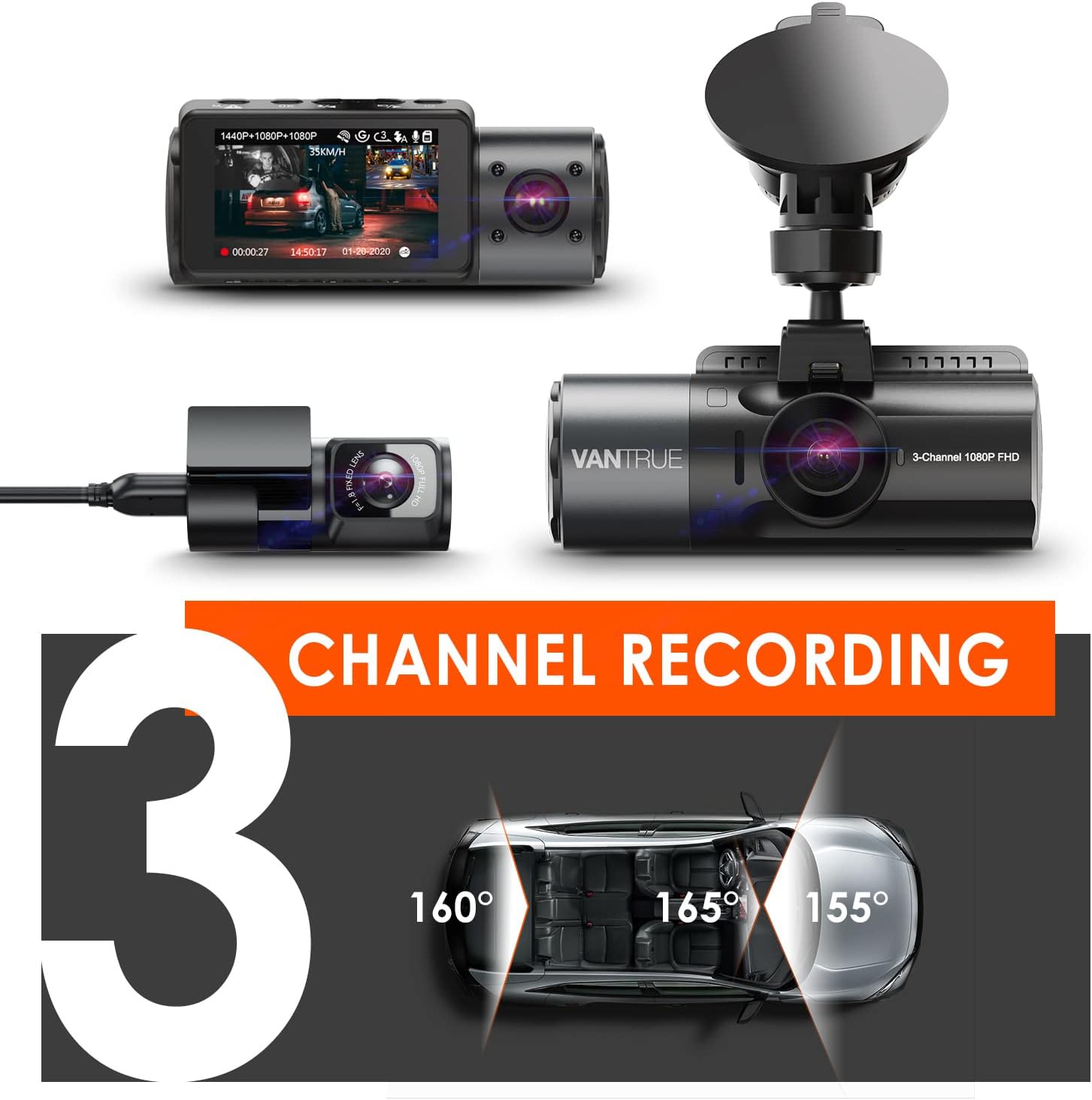 Vantrue N4 3 Channel 4K Dash Cam, 4K+1080P Front and Rear, 4K+1080P Front and Inside, 1440P+1080P+1080P Three Way Triple Car Camera, IR Night Vision
