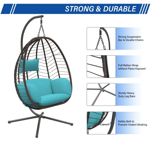ALAULM Egg Swing Chair Outdoor Indoor Wicker Rattan Hanging Chair with Stand 350lbs Capacity w/Strong Frame & Blue Cushions for Patio Balcony Bedroom