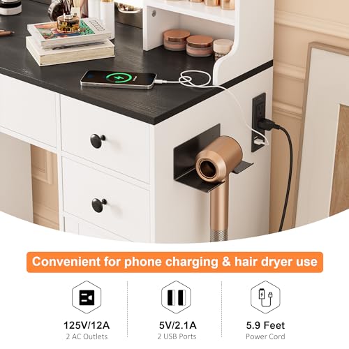 NUNU LAB 42 Inchs Large Vanity Desk with Mirror and Lights with 6 Drawers and 4 Cabinets, Big Women Makeup Table with Power Outlet