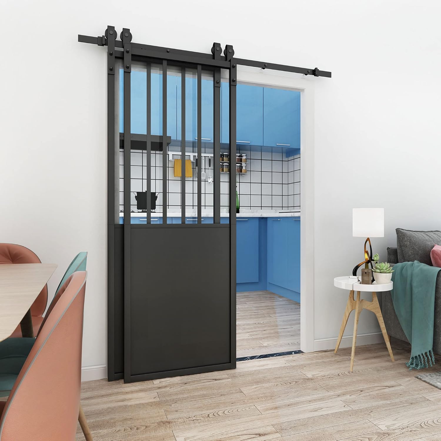 JUBEST Double Barn Door 60 x 84 in with 6.6FT Hardware Kit, 2 Sets of 30x84 in Clear Tempered Glass Aluminum Frame Barn Door,Pocket Interior Door