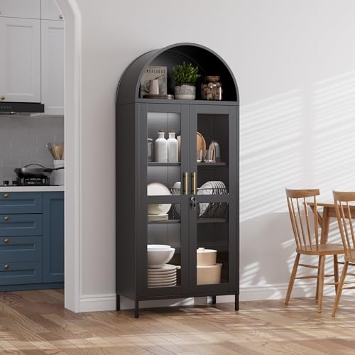 Tall Kitchen Pantry Cabinet, Metal Display Storage Cabinets with 4 Doors/2 Drawers for Kitchen Home Office Living Room, Assembly Required