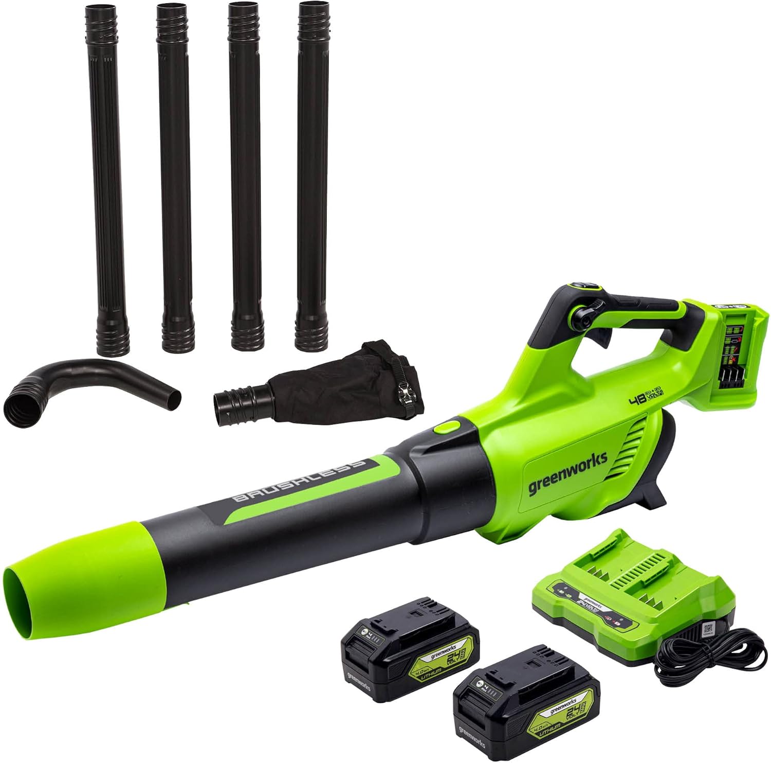 Greenworks 48V (2 x 24V) Brushless Cordless Axial Blower (140 MPH / 585 CFM), (2) 4.0Ah USB Batteries (USB Hub) and Dual Port Rapid Charger Included