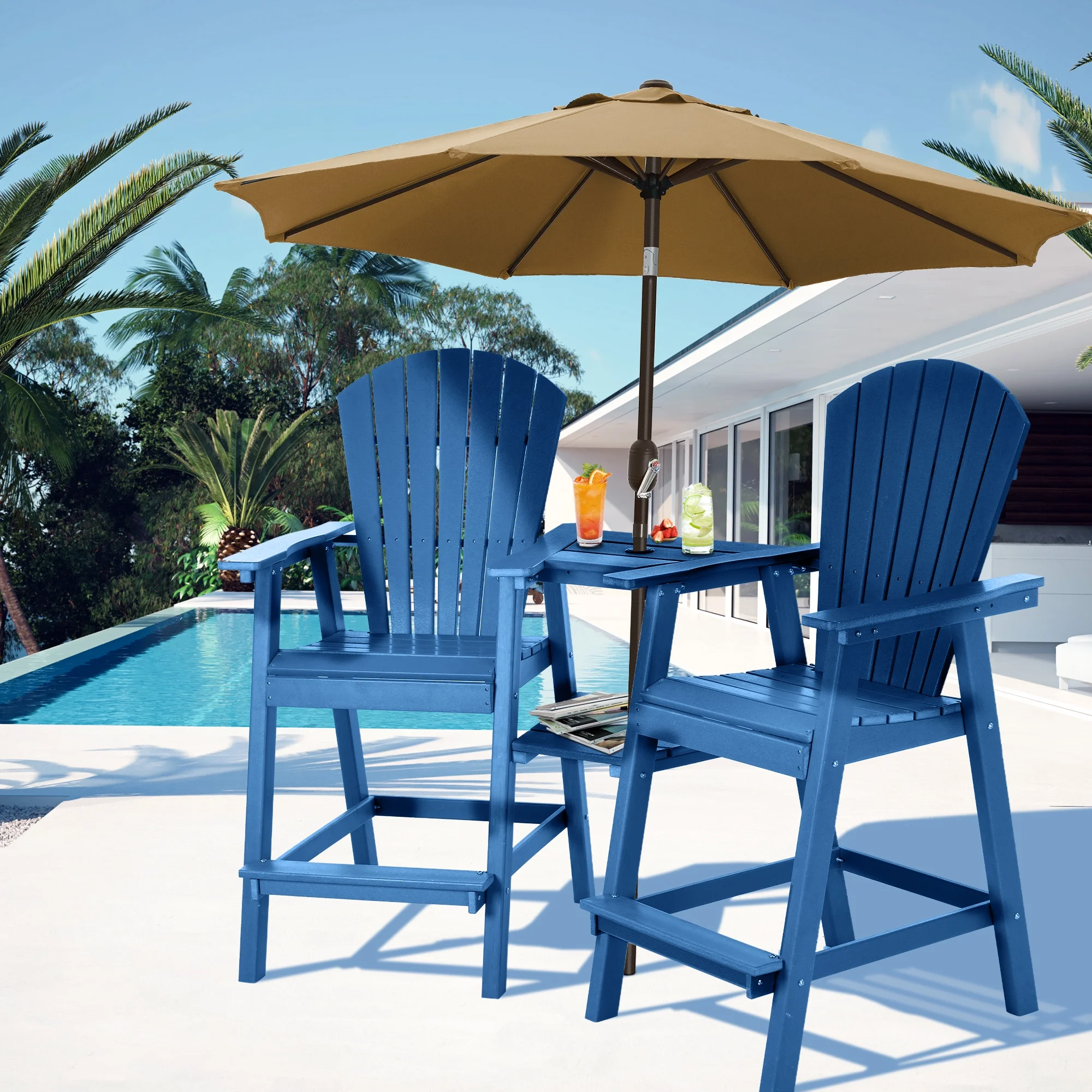 Tall Adirondack Chair Set of 2, HDPE Balcony Chair with Double Connecting Tray, Outdoor Weather Resistant Adirondack Chair, Navy Blue