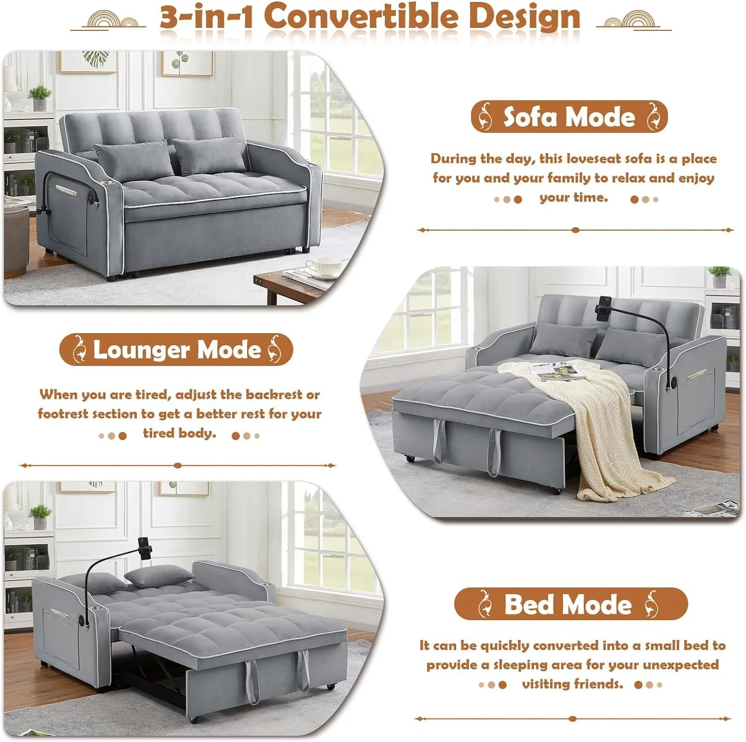 Convertible Sofa Bed with Pull Out Bed - 55" Tufted Velvet Loveseat Sleeper Sofa Adjustable Back with USB Port Ashtray Swivel Phone Stand