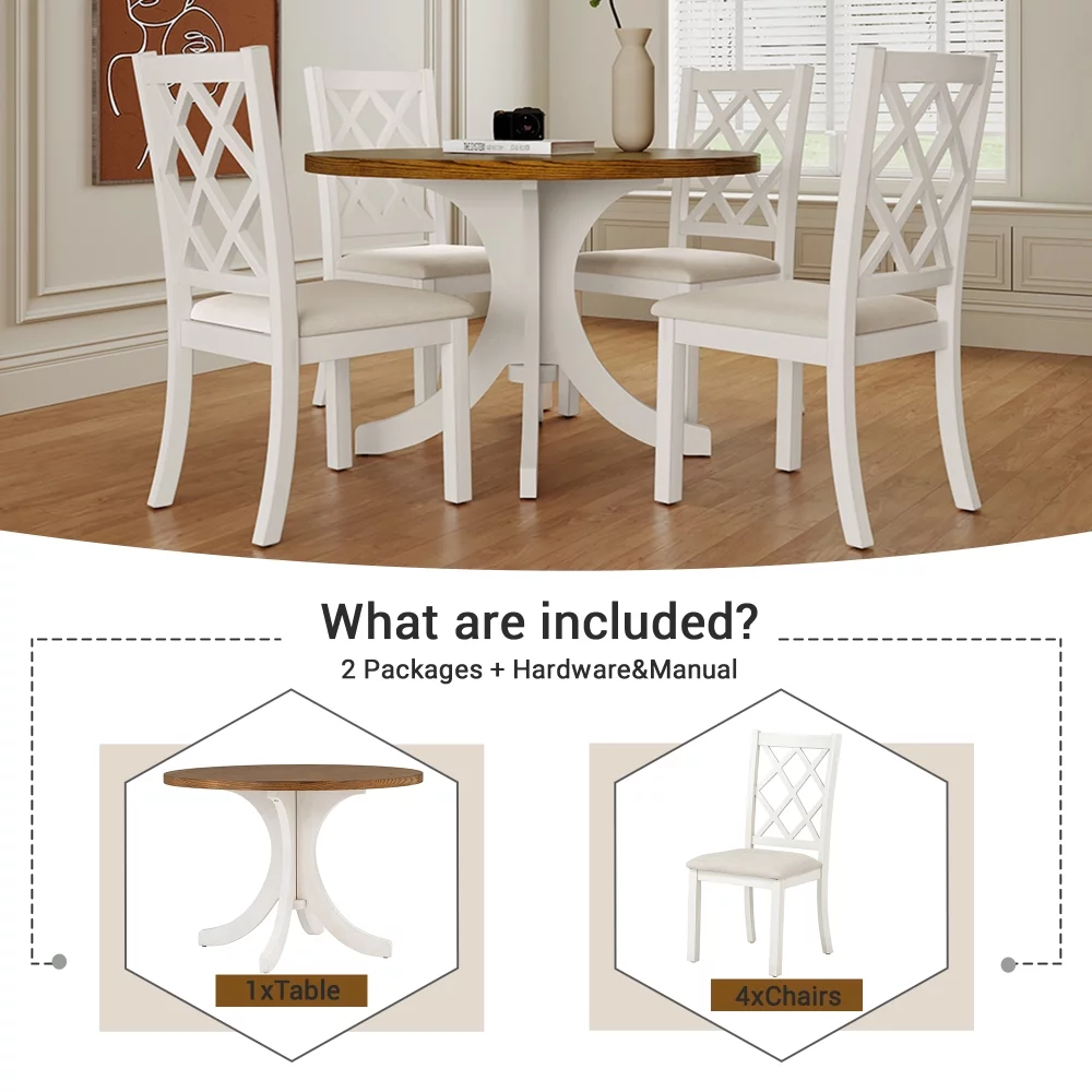 Dining Table Set for 4, Mid-Century Solid Wood 5-Piece Round Dining Room Table Set, Dining Table and Chairs Set for Small Places, Walnut+Beige