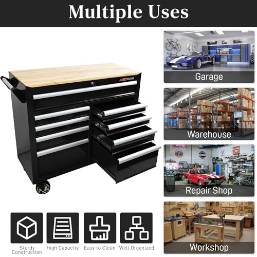 Heavy Duty Rolling Tool Chest with 9-Drawer Wood Top Tool Cart Mechanic Tool Box with Wheels Tool Storage Cabinet Mobile Workbench Tool Bench for