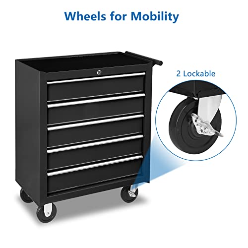 TUFFIOM 5-Drawer Rolling Tool Chest w/Drawers & Lock, Tool Storage Cabinet with Lockable Wheels, Top Cushion & Drawer Liners