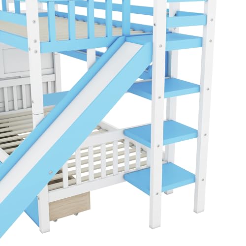 Harper & Bright Designs Twin Over Twin Bunk Bed with Stairs and Slide, Solid Wood Bunk Bed Frame with Storage Drawers and Bookshelf