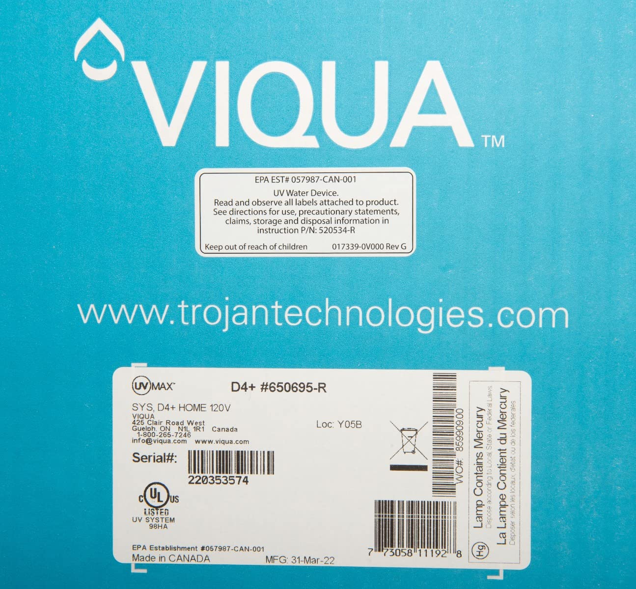 VIQUA D4+ Home Plus Stainless Steel Ultraviolet Water System 12 GPM 3/4 MNPT (650695-R)